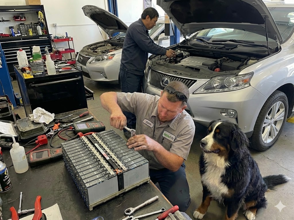 Mile Hybrid Automotive technicians working on a hybrid battery replacement in Denver CO